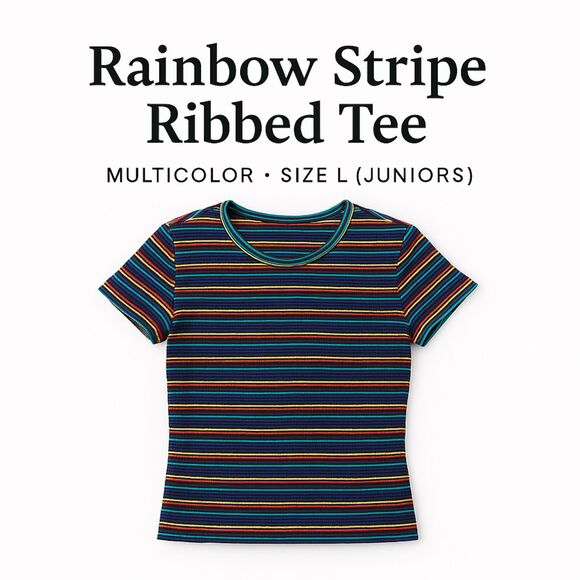 popular 21 Tops - Rainbow Stripe Ribbed Tee – Multicolor Fitted Top (Juniors L)